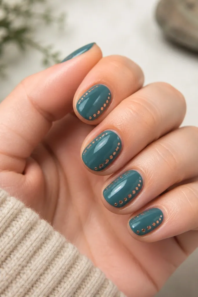 Short nails painted spiced teal (muted blue-green) in glossy finish. Along one side of each nail, there's a trail of small copper dots that curves slightly toward the tip.