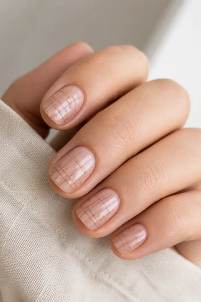 Short nails with a sheer nude base and a faint espresso micro-grid pattern. The grid looks like tiny intersecting lines mainly across the center of each nail. Glossy finish.