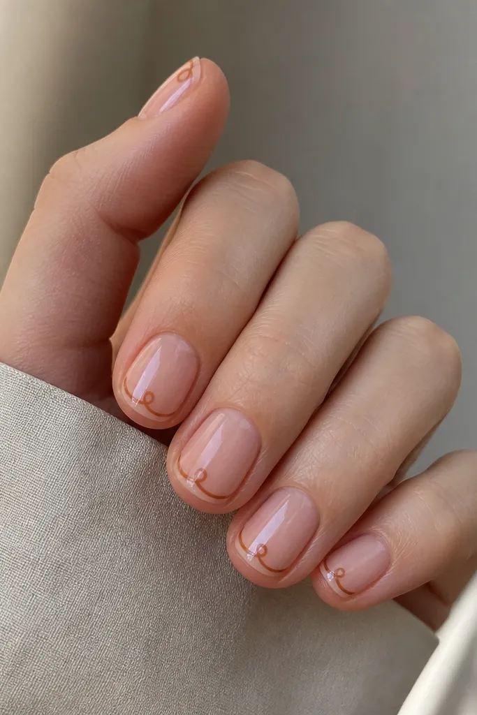 Short nails with a clear pink glossy base. At the outer corner near the free edge, there is a small sienna swirl that loops once and stops. The rest of the nail is plain.