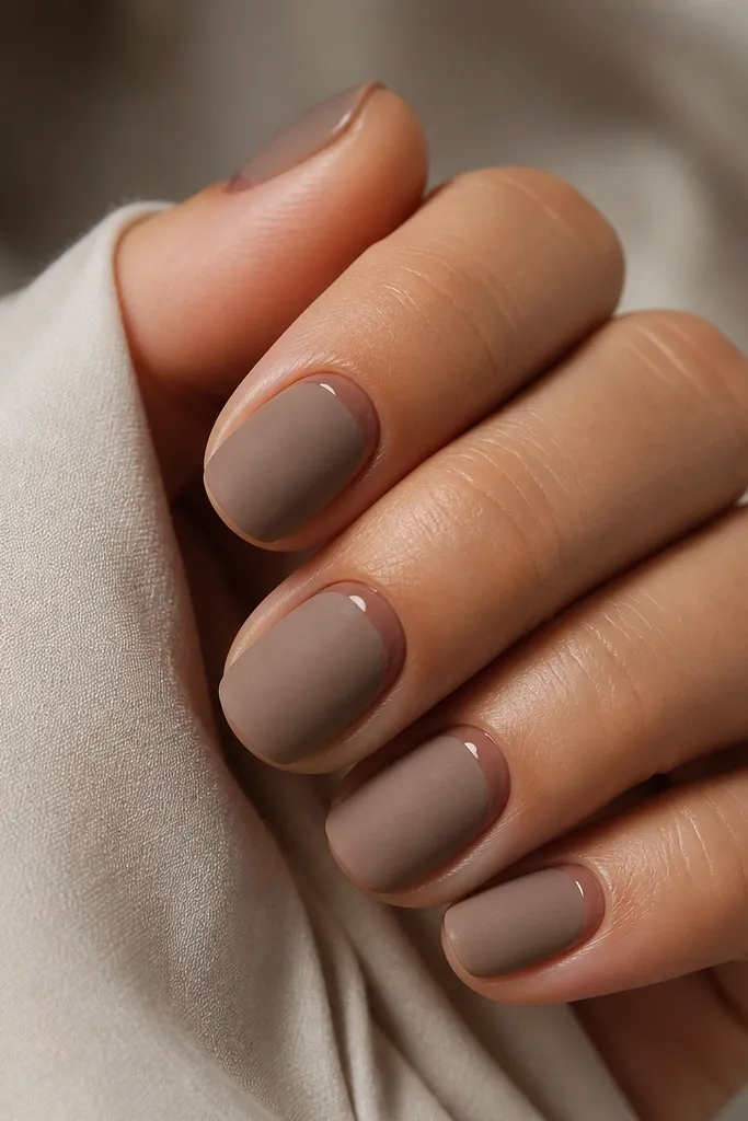 Short rounded nails painted taupe with a velvet matte finish. Across each cuticle area there is a thin arc in rose-brown gel, following the curve of the cuticle. Matte around the arc blends into the nail.