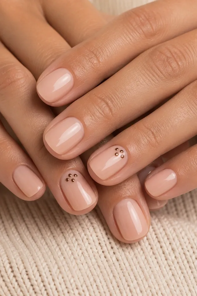 Short nails with a glossy nude base. On one accent nail per hand, there are 3 tiny blackened brown micro studs arranged in a small triangle near the cuticle. Other nails have no studs.