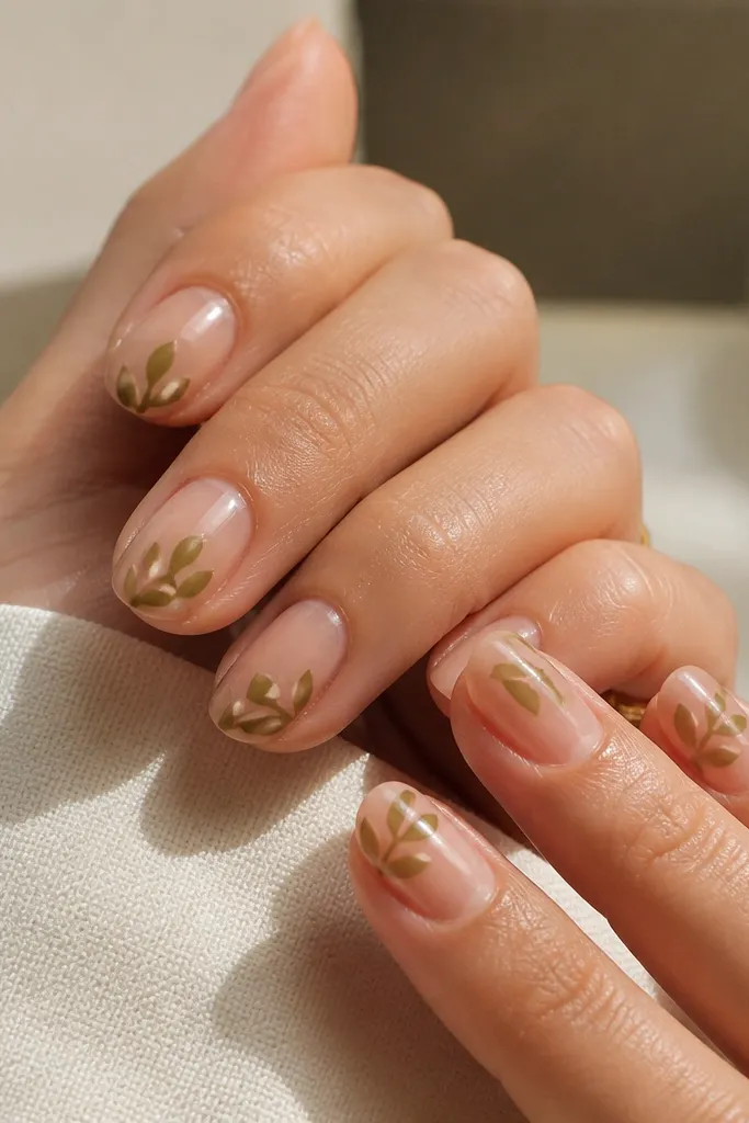 Short oval nails with a nude base. At the tips, there are small leaf-like shapes painted in golden olive, with negative space cut out between the leaves. Glossy top coat.