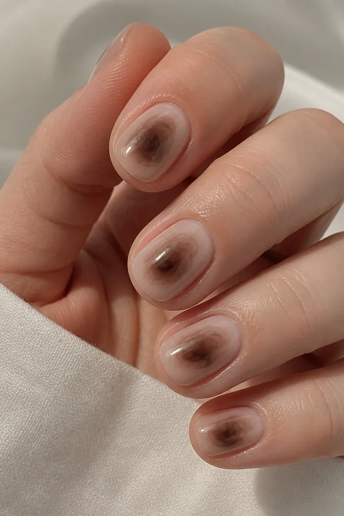 Short gel nails with a milky nude base. Each nail has a soft, cloudy espresso swirl that starts near the cuticle and curls outward like an aura. The swirl is darkest in the center, fading to translucent edges, with a tiny glossy topcoat shine and no extra gems.