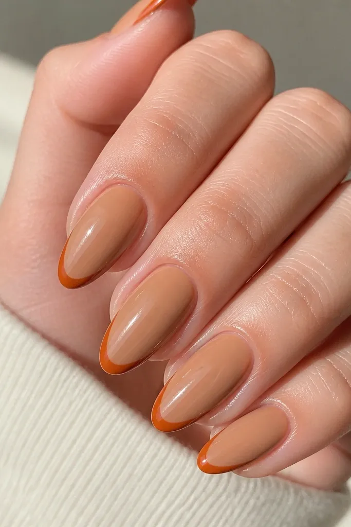 Close-up of almond nails with a caramel nude base. The tips are painted in a curved burnt orange French line, crisp and thin. The top coat is glossy, and the cuticle area is clean with no flooding.