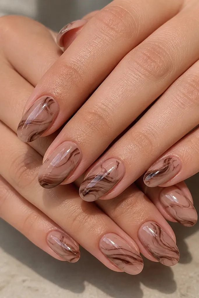Set of medium oval acrylic nails. A nude-rose base is covered with thin, wispy chocolate brown marble swirls that loop diagonally across each nail. The finish is glossy and smooth, with swirls that vary in thickness.