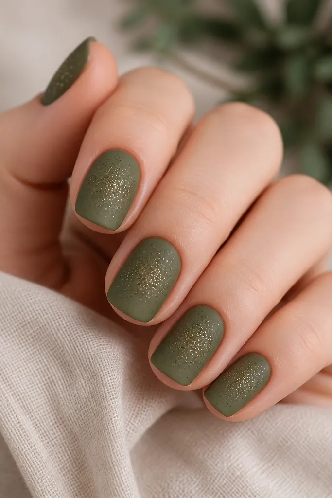 Short squoval nails painted moss green with a matte velvet finish. There are tiny scattered specks in darker green and gold glitter concentrated near the center and fading toward the edges.