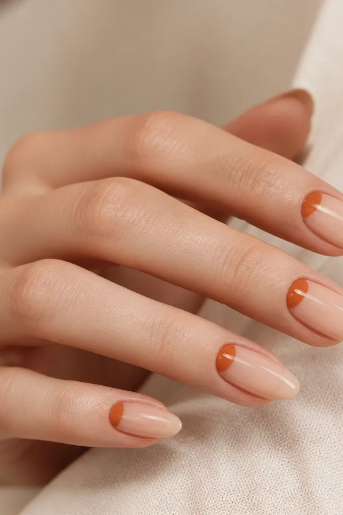 Medium almond nails with a nude skin-toned base. A burnt orange half-moon sits right at the cuticle line, leaving the rest of the nail clear and glossy. The half-moon edges are sharp and clean.