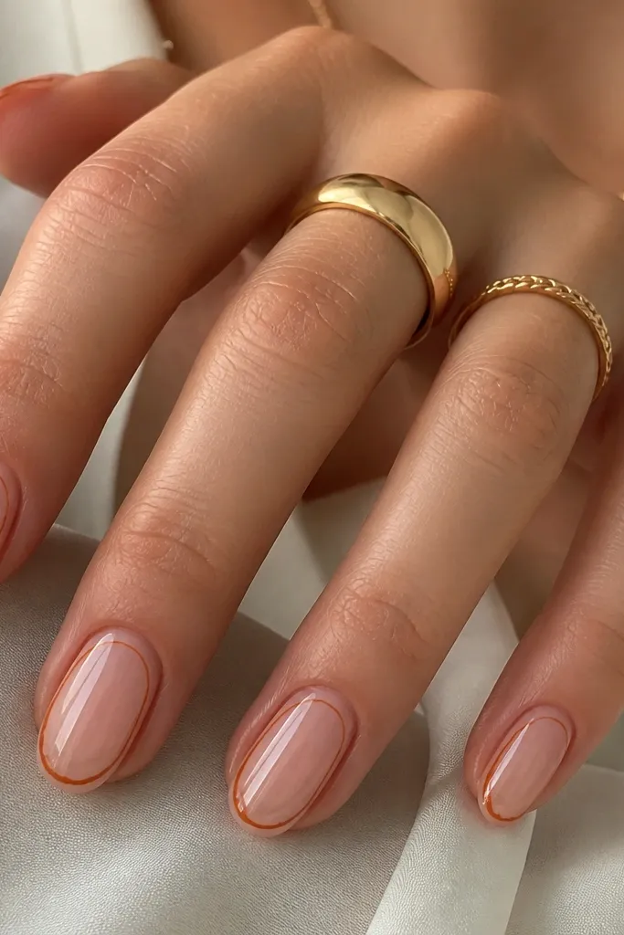 Clear base acrylic nails with terracotta outline lines forming a thin border around the nail shape. The outlines are slightly uneven for a hand-drawn look, with glossy finish and no solid fill.