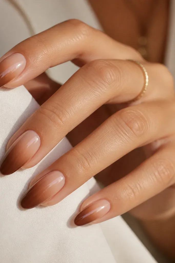 Almond nails with a gingerbread-brown ombré. The cuticle area is a creamy nude, fading into medium brown at the center and ending in a deeper cocoa at the tip. Glossy finish.
