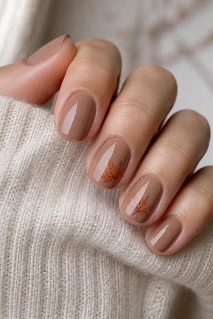 Short squoval nails with a glossy caramel nude base. On two nails there's a small maple leaf decal or hand-painted leaf near the side of the nail, with fine brown veins. Other nails are plain.