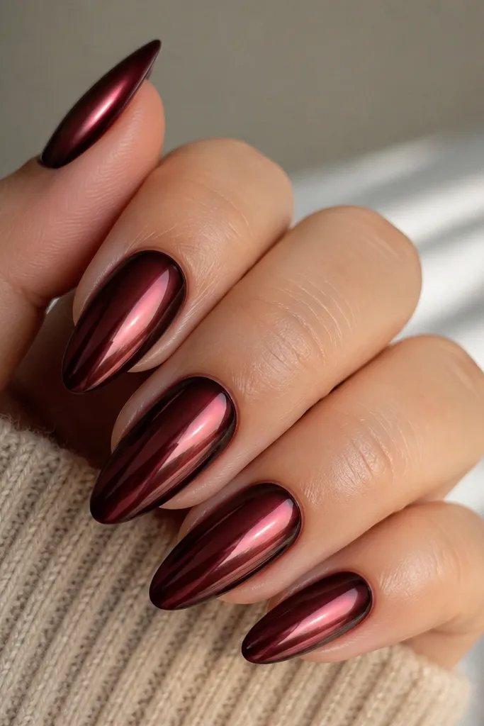 Medium almond nails with a deep burgundy base. A chrome powder creates a mirror-like shine across most of the nail, while the edges near the sidewalls have a smudged, slightly darker border. Glossy top coat.