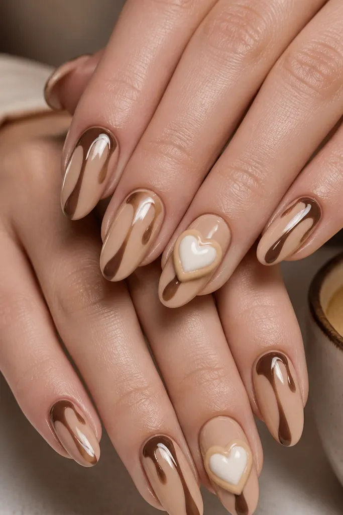 Nails in a milky latte nude base with espresso brown drip lines. On two nails, small heart-shaped foam accents sit near the center, outlined in lighter beige. Finish is glossy with a slight raised look on the hearts.