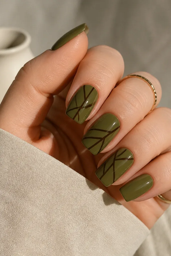 Long squoval nails with an olive green base. Thin geometric lines in dark brown form angled branches across the nail, leaving some sections in solid olive. Glossy finish.