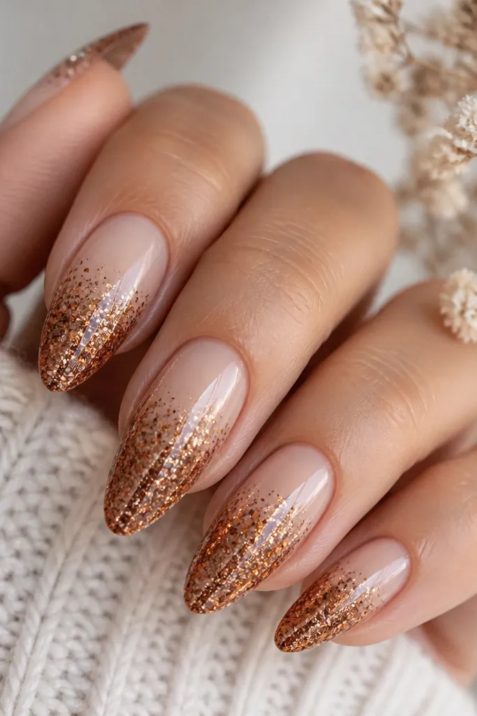 Almond nails with a nude base. The lower half of each nail has layered glitter in copper, gold, and dark brown, fading into the nude near the mid-point. Glossy top coat over glitter.