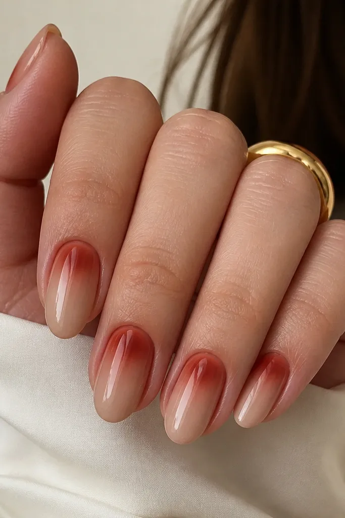 Medium oval nails with a nude base. A rust red aura glow spreads behind the cuticle in a soft halo pattern, fading outward. The nails are glossy with a clean cuticle line.