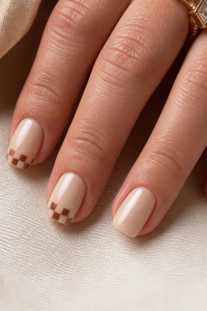 Short squoval nails with a creamy nude base. Two nails have a tiny checkerboard in sienna brown and a lighter beige, placed near the tip. Other nails are plain glossy nude.