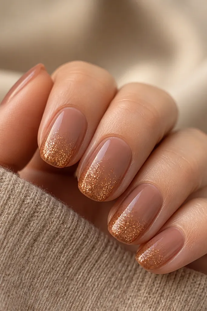 Nails in a pecan nude base with a soft fade of micro glitter starting at the tip and thinning toward the middle. The glitter is copper-gold, evenly distributed and glossy.