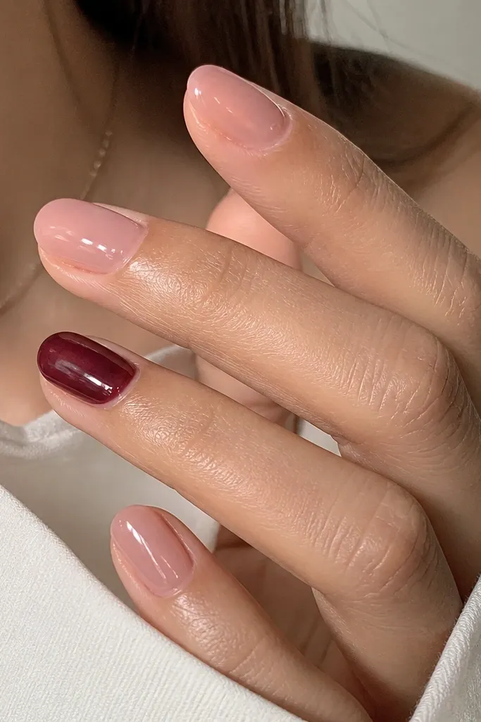 Mixed set: most nails are sheer nude jelly pink, while two accent nails are plum wine jelly with a glossy, slightly translucent look. The accents have a smooth, rounded gel thickness.