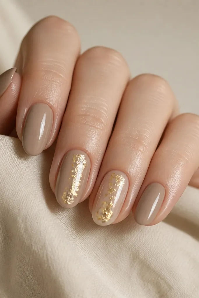 Taupe nude nails with a glossy finish. Gold leaf pieces sit in the center third of two accent nails, with clear negative space around them. The leaf looks irregular and layered thinly.