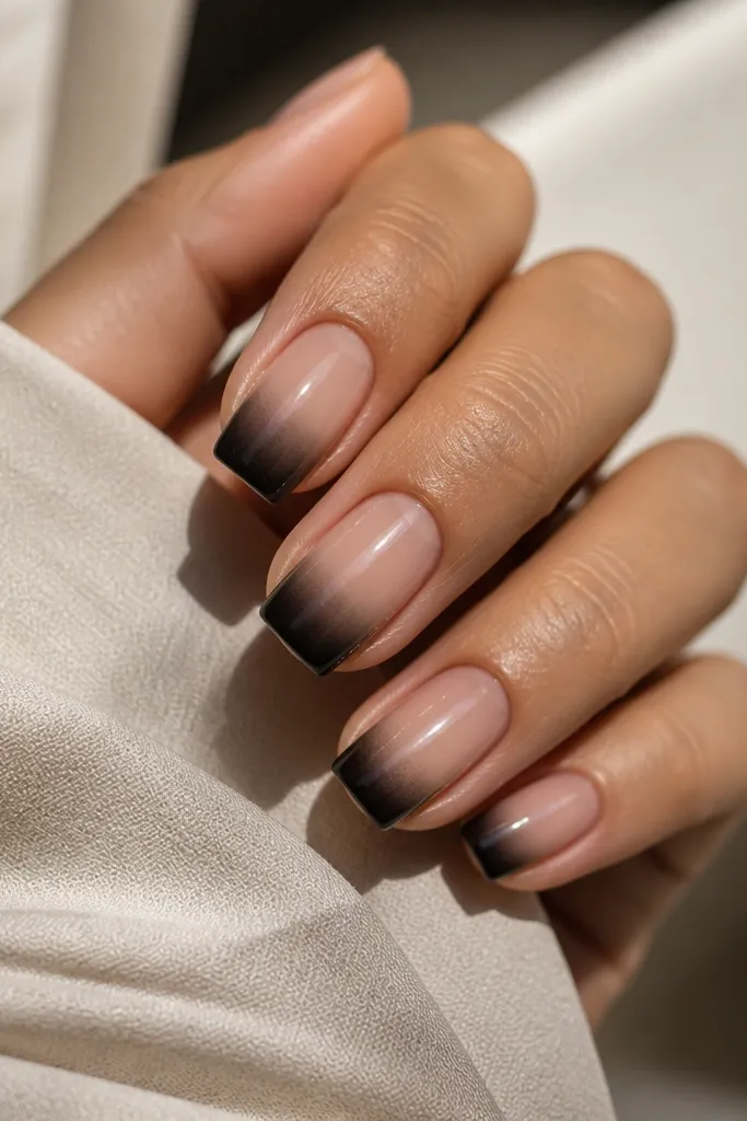 Soft square nails with a nude base. The tips are painted a dark smoky black-brown gradient, fading upward with a misty look. Glossy top coat.