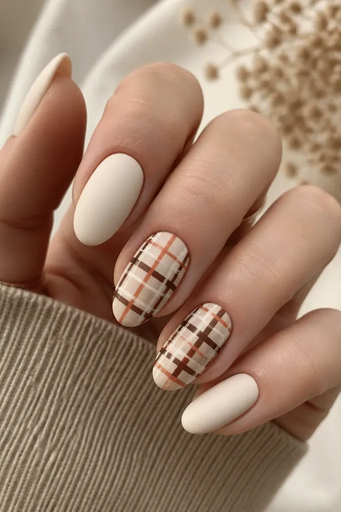 Medium oval nails on a cream base with matte finish. Plaid lines in rust orange, deep brown, and a thin black grid form a classic check pattern on two nails, while other nails are solid cream matte.
