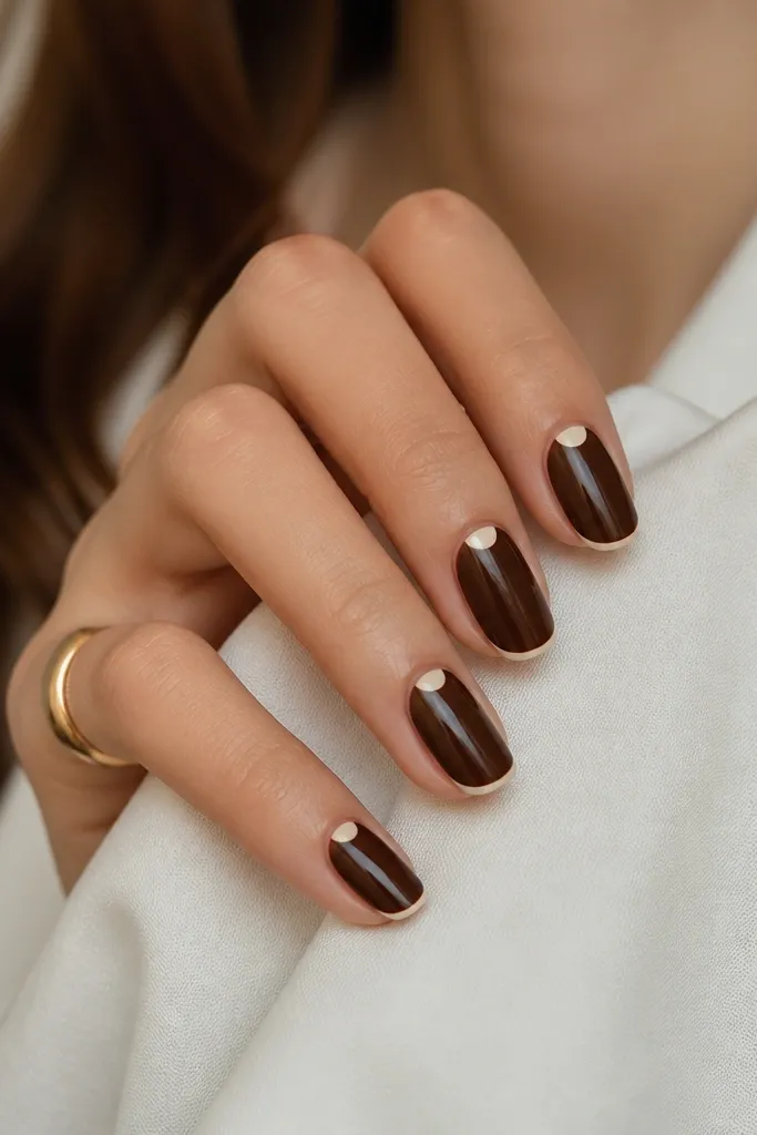 Short almond nails painted deep espresso brown with a thin white micro French at the very tip; half-moon cuticle accents in soft cream sit at the base, glossy finish.