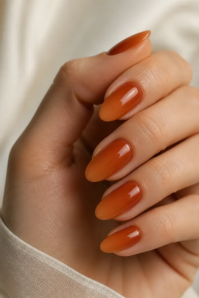 Almond nails with a smooth ombré from burnt orange at the cuticle fading into caramel amber near the tip; glossy top coat with soft light reflection.