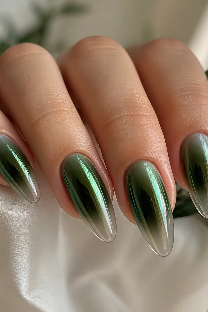 Almond nails with a forest green chrome fade concentrated in the middle; the tip area has a clearer, glassy look; high-shine metallic reflection.