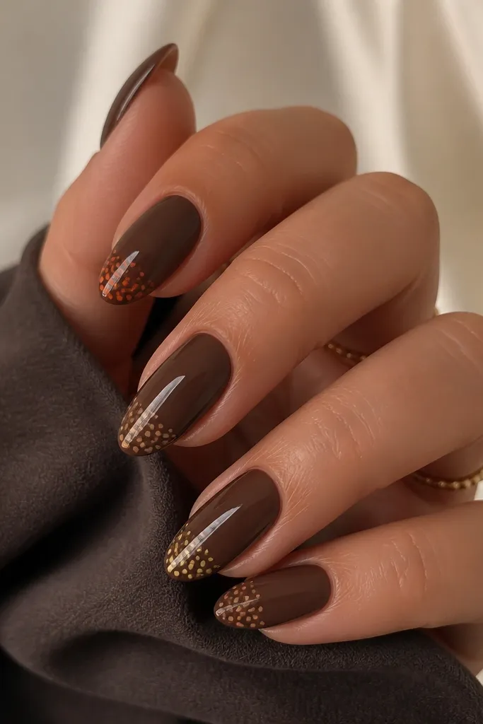 Almond nails in cocoa brown base; each nail has a different colored micro dot cluster near the tip - burnt orange, caramel, and muted gold - evenly spaced; glossy top coat.