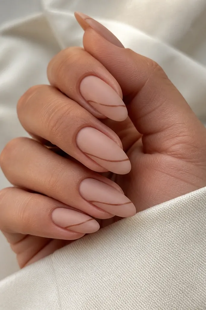 Matte clay nude almond nails with thin cinnamon-brown line art that forms a simple diagonal swoop on each nail; no heavy details; matte finish.