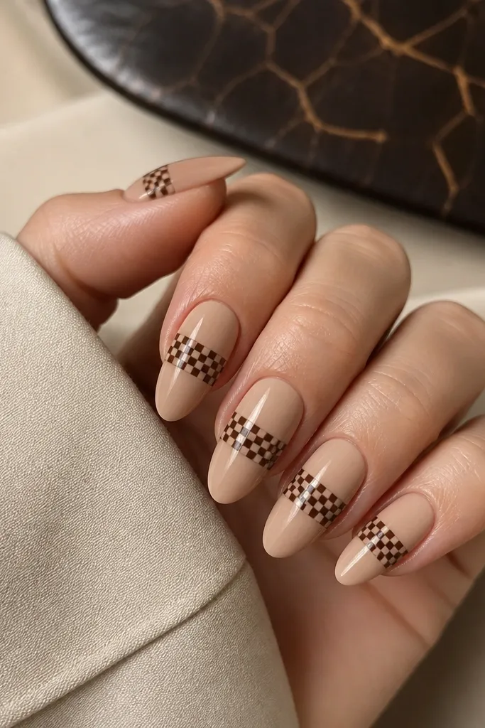 Camel nude almond nails with tiny espresso micro-checker pattern across the center third; glossy finish; tidy squares.