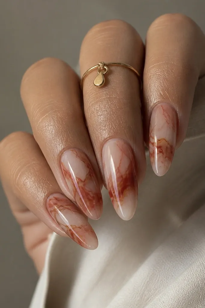 Almond nails with rust red marble swirls over a sheer base; clear veining lines look like glass; glossy finish.