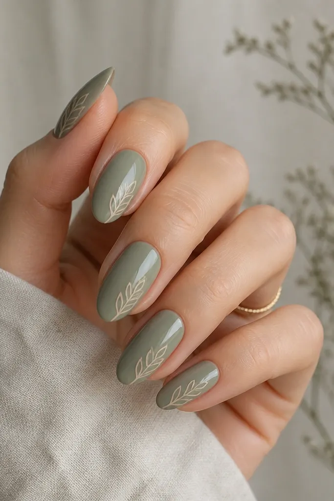 Sage green almond nails with thin nude outline leaf shapes on one side of each nail; glossy finish; leaf outlines are fine and airy.