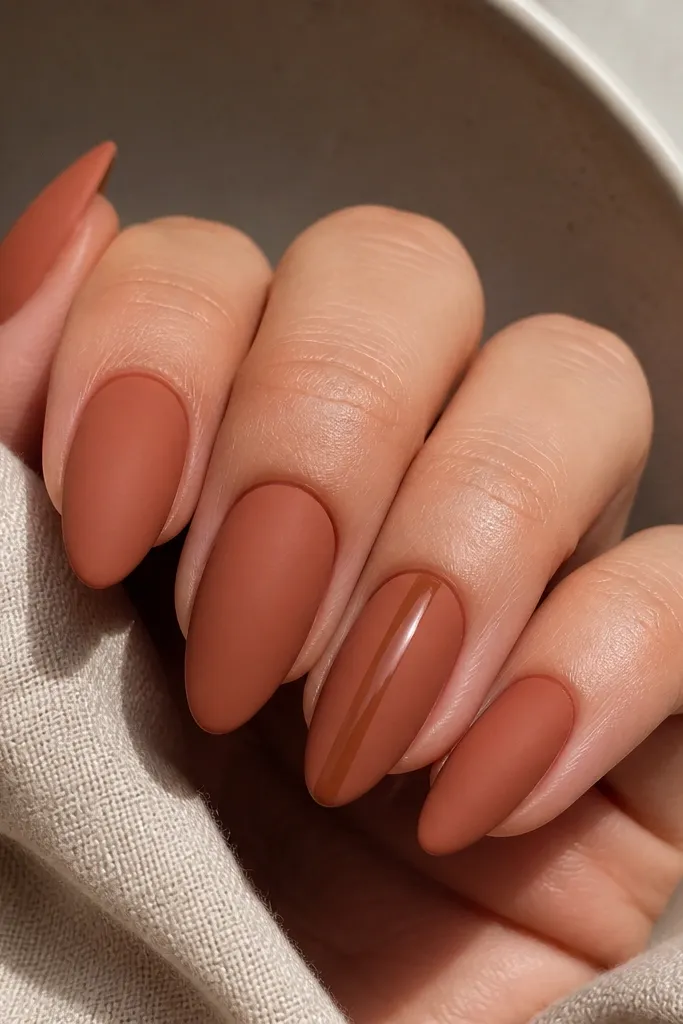 Matte terracotta almond nails with a single glossy vertical stripe in caramel on the ring finger; other nails are fully matte terracotta.