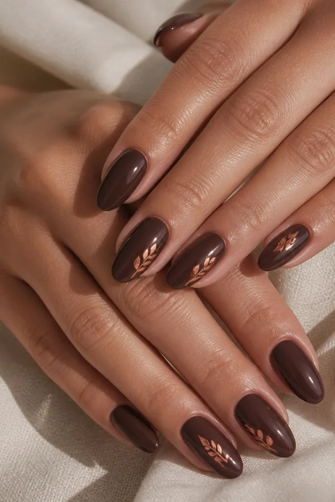 Black tea brown almond nails with copper leaf cutout shapes placed on the side of two nails per hand; leaves look like thin foil; glossy finish.
