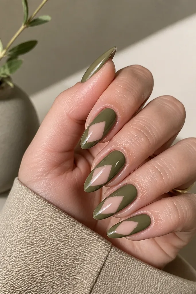 Olive drab almond nails with a nude chevron shape cut out from the center third; glossy finish; chevron points toward the tip.