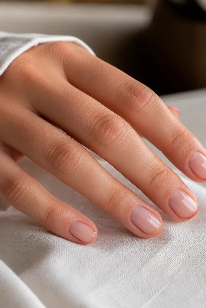 Short oval nails with a clear nude base; a super thin terracotta line runs along the very tips like a micro French. One ring finger has a slightly thicker terracotta tip line, still narrow and crisp.