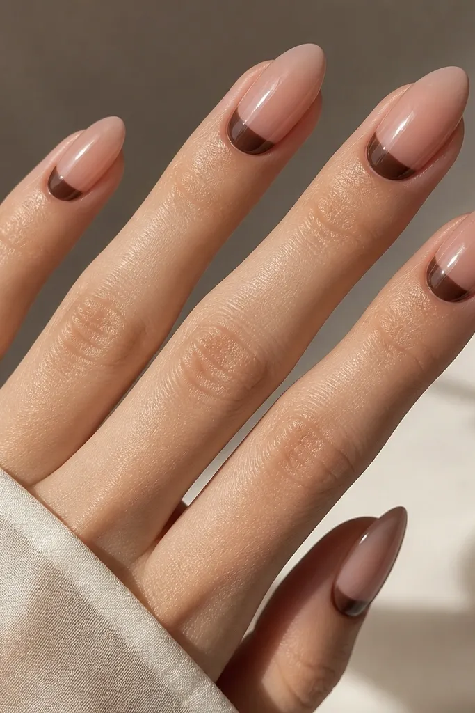 Medium almond nails with a sheer rose nude base; a cocoa-brown half-moon sits at the cuticle on every nail, shaped like a clean crescent. The rest of the nail stays sheer and glossy.