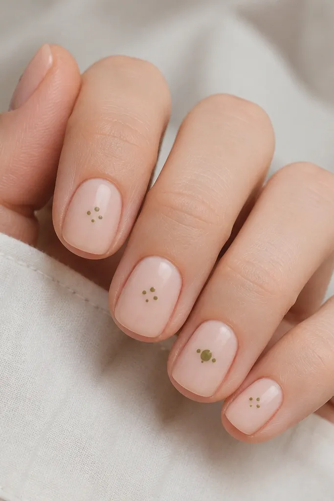 Short square nails painted milky nude; on each nail there are 3-4 tiny olive sage dots clustered near the center, with one dot slightly larger on the ring finger.