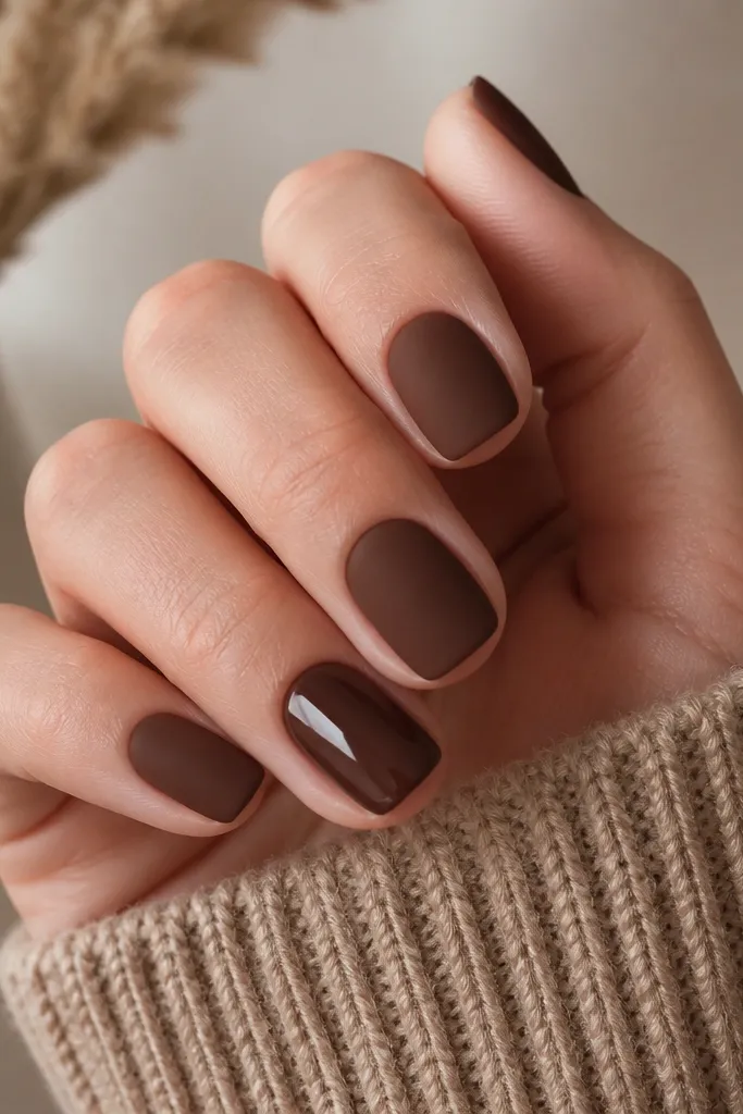 All nails painted chocolate brown matte finish, except one ring finger which is chocolate glossy. The matte nails look velvety; the glossy nail reflects light clearly.