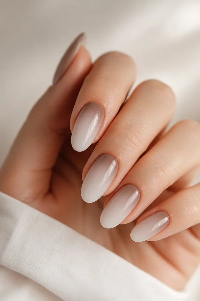 Medium almond nails with a milky nude base; the top third fades into creamy taupe, forming a soft gradient. The ombré edge is smooth and horizontal, not streaky.