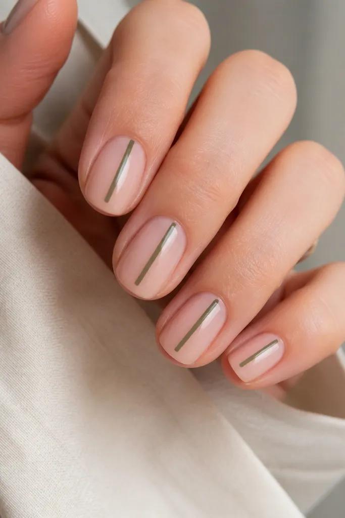 Short squoval nails with a sheer nude base; each nail has a single vertical half-line of blackened olive running from near the cuticle toward the tip, stopping before the very edge. The line is thin and crisp.