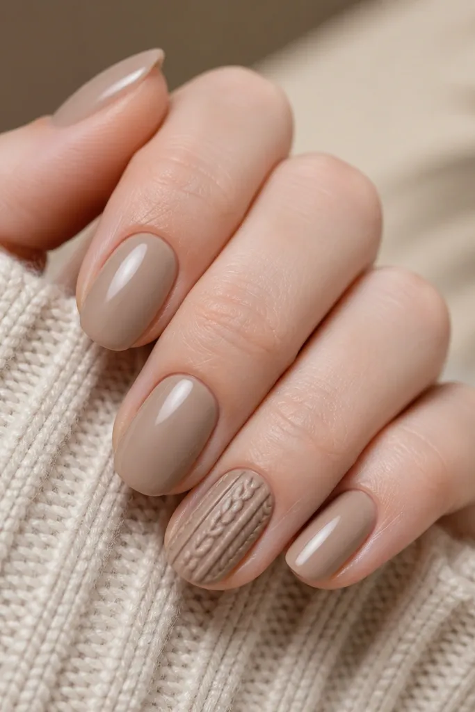 Neutral nude nails with a simple taupe base; on the ring finger only, there is a cable-knit pattern in darker taupe - raised-looking lines forming twists. Other nails stay plain and glossy.