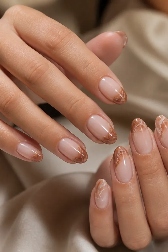 Medium oval nails with a milky nude base; the tips have sienna brown marble swirls with thin white lines running through like veins. Each nail has a slightly different swirl.
