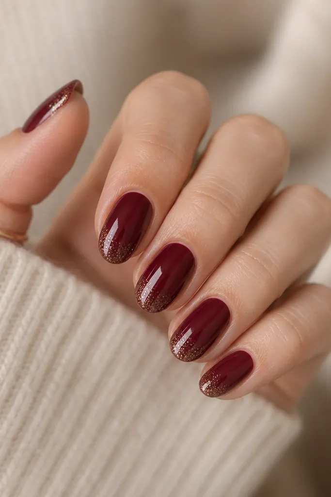 Short almond nails painted deep burgundy; a thin band of fine glitter sits only at the very tips, fading slightly into the burgundy. The rest is solid burgundy glossy.
