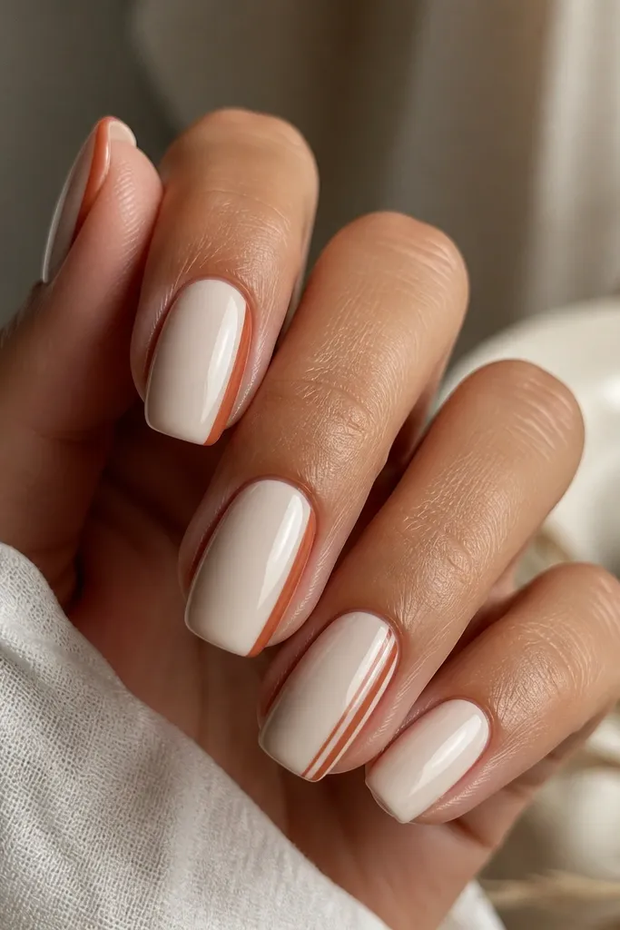 Medium squoval nails with a cream nude base; a single terracotta side line runs down the outer edge of each nail, with a smaller cream line beside it on the ring finger. One nail is plain.