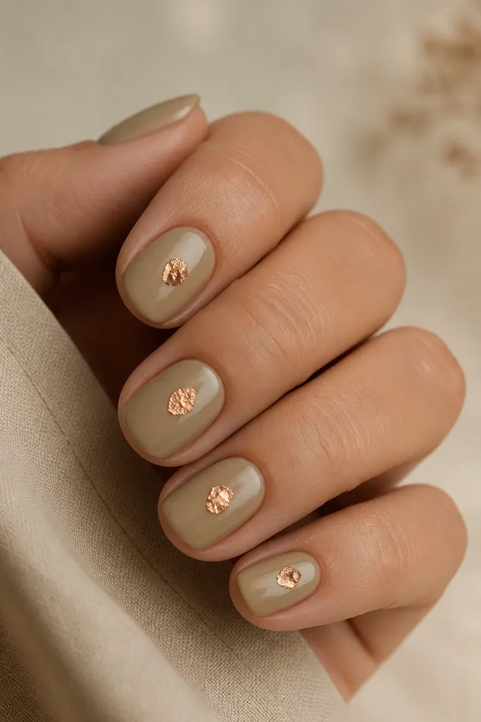 Short oval nails painted olive nude (a muted, slightly green-beige). On each nail there's one small irregular copper foil fleck placed near the center, like a metallic leaf fragment.
