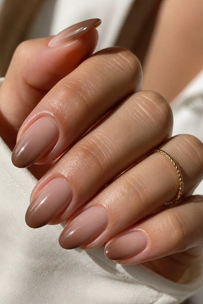 Medium almond nails with a nude base that fades into mocha brown toward the tips. The gradient is smooth and gentle, with no harsh line at the fade start.