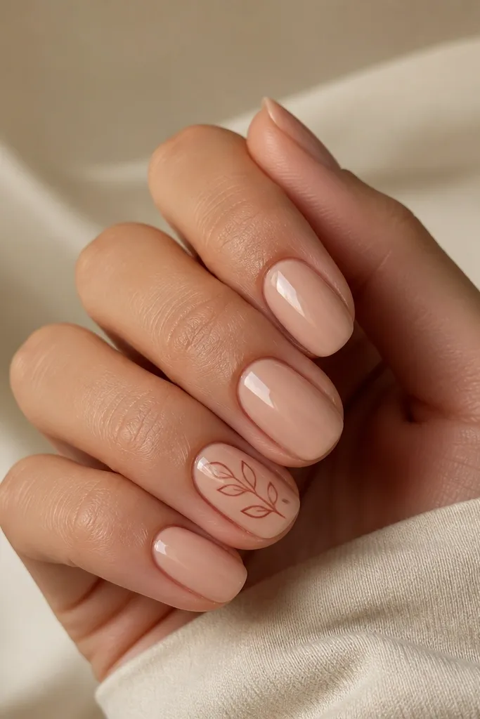 Nude nails with glossy finish; on the ring finger there is a burnt sienna leaf outline drawn in a single line with a small dot vein inside. Other nails are plain nude.