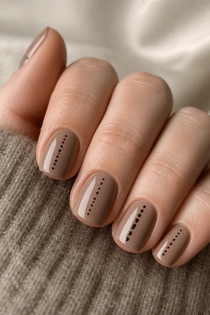 Short squoval nails painted smoked taupe; each nail has a small vertical ladder made of tiny black dots, spaced evenly near the center. The ring finger has the ladder slightly thicker.